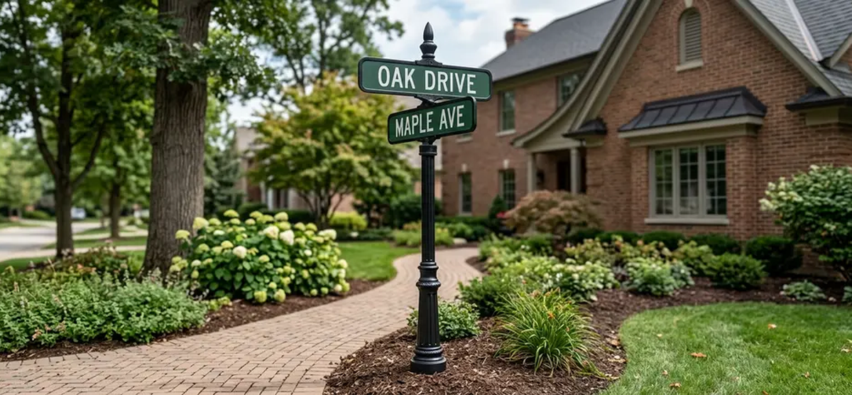 Classic Series decorative street sign in a landscaped residential setting