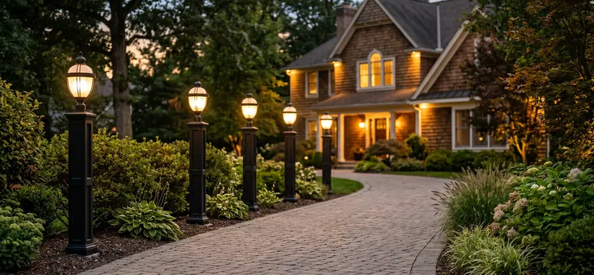 Mayne Signature Lamp Post Black SKU 5835-B with Special Lite acorn globe along a residential walkway
