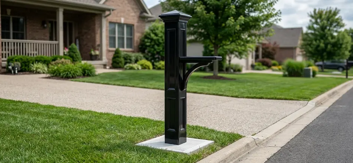 Mayne Liberty Vinyl Mailbox Post Black, SKU 5805B, installed at a residential curb