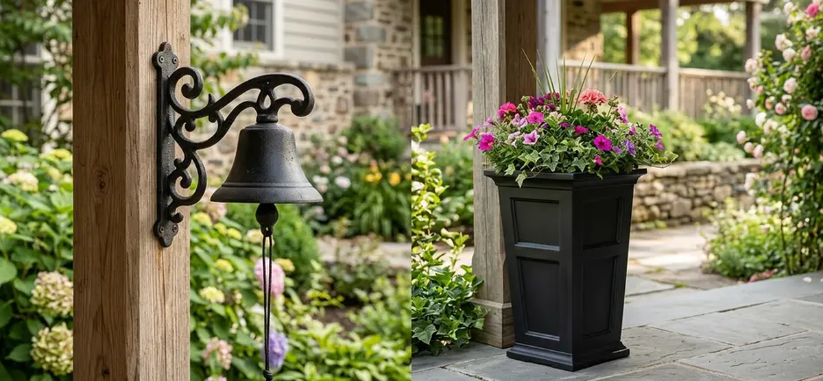 Whitehall Large Country Bell SKU 00604 and Mayne Fairfield Tall Patio Planter Black SKU 5829-B in a garden porch setting