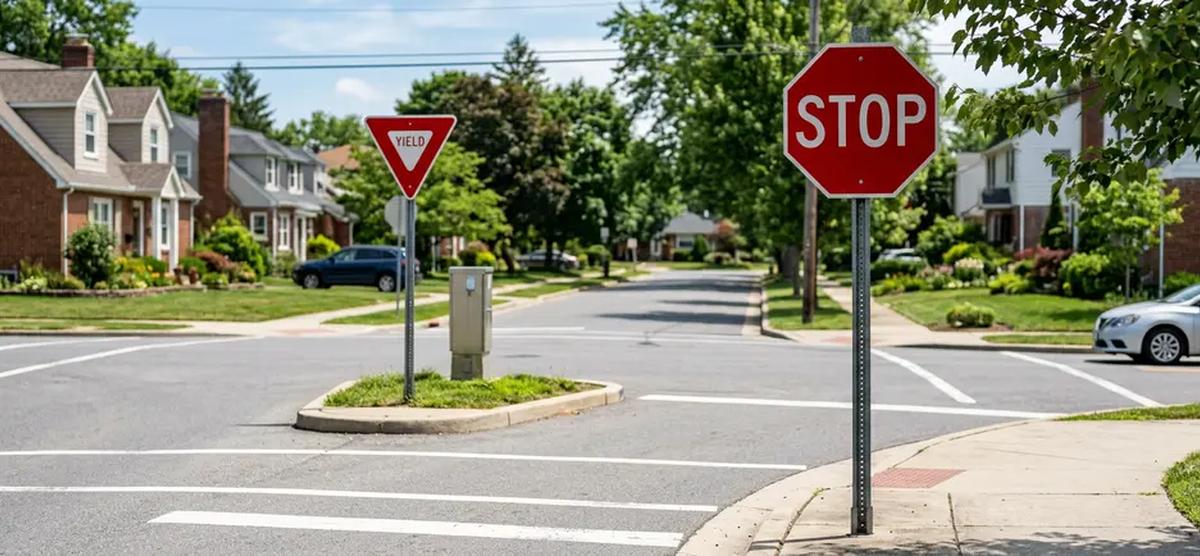 R1-1 Stop Sign and R1-2 Yield Sign installed in a residential street setting